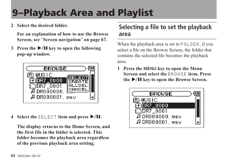 Selecting a file to set the playback area, 9–playback area and playlist | Tascam DR-07 User Manual | Page 62 / 96