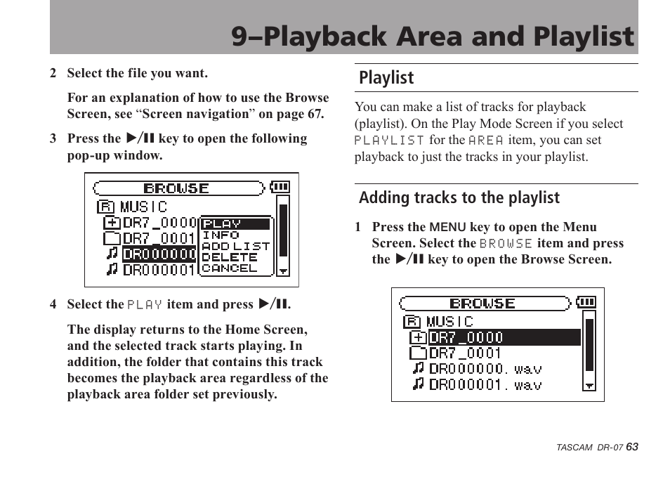 Playlist, Adding tracks to the playlist, 9–playback area and playlist | Tascam DR-07 User Manual | Page 63 / 96