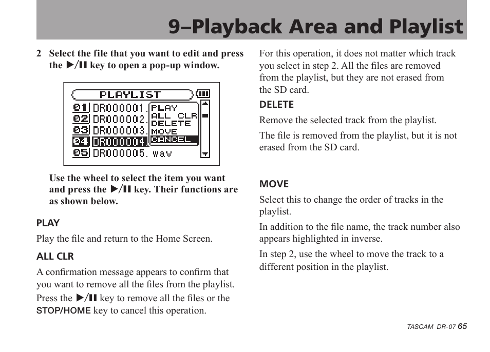 9–playback area and playlist | Tascam DR-07 User Manual | Page 65 / 96