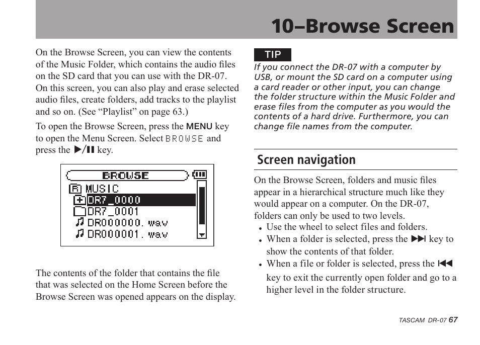 10–browse screen, Screen navigation, 10–browse screen 67 | Tascam DR-07 User Manual | Page 67 / 96