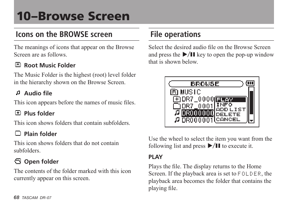 Icons on the browse screen, File operations, 10–browse screen | Tascam DR-07 User Manual | Page 68 / 96