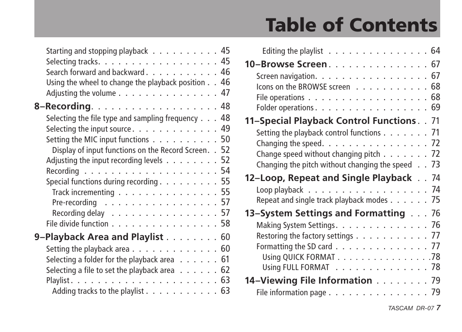 Tascam DR-07 User Manual | Page 7 / 96