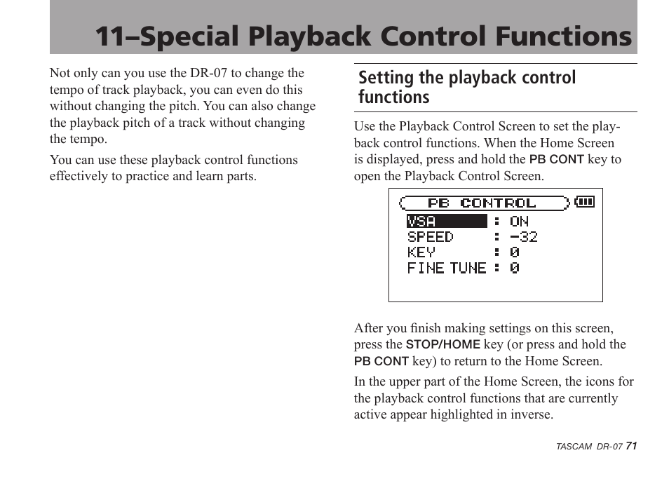 11–special playback control functions, Setting the playback control functions, 11–special playback control functions 71 | Tascam DR-07 User Manual | Page 71 / 96