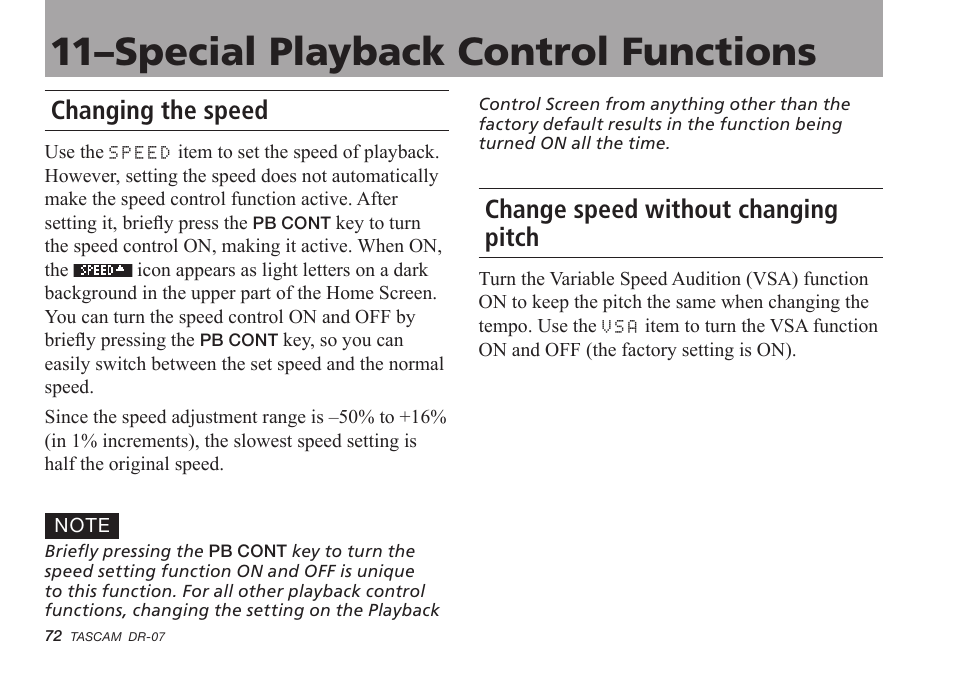 Changing the speed, Change speed without changing pitch, 11–special playback control functions | Tascam DR-07 User Manual | Page 72 / 96