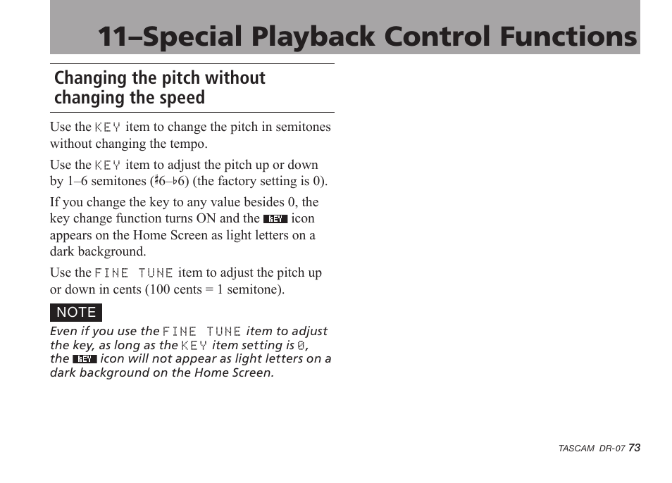 Changing the pitch without changing the speed, 11–special playback control functions | Tascam DR-07 User Manual | Page 73 / 96