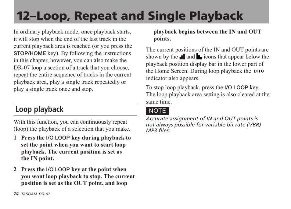 12–loop, repeat and single playback, Loop playback, 12–loop, repeat and single playback 74 | Tascam DR-07 User Manual | Page 74 / 96