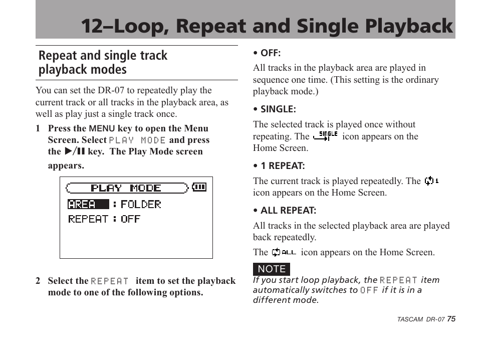 Repeat and single track playback modes, 12–loop, repeat and single playback | Tascam DR-07 User Manual | Page 75 / 96