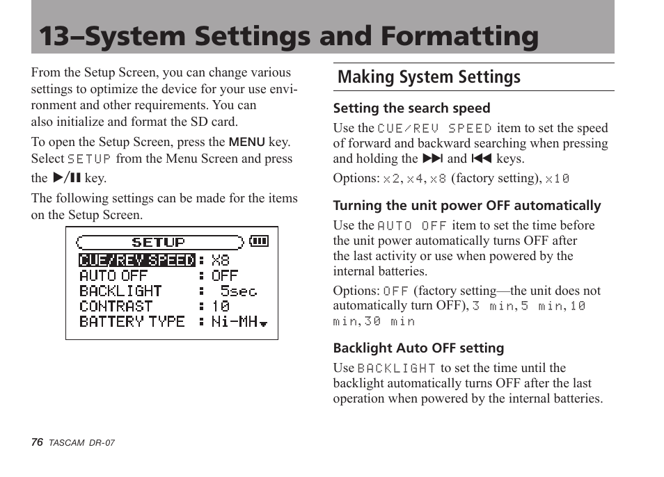 13–system settings and formatting, Making system settings, 13–system settings and formatting 76 | Tascam DR-07 User Manual | Page 76 / 96