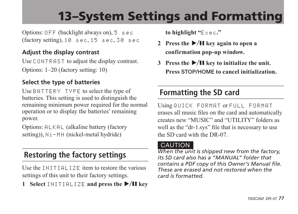Restoring the factory settings, Formatting the sd card, 13–system settings and formatting | Tascam DR-07 User Manual | Page 77 / 96
