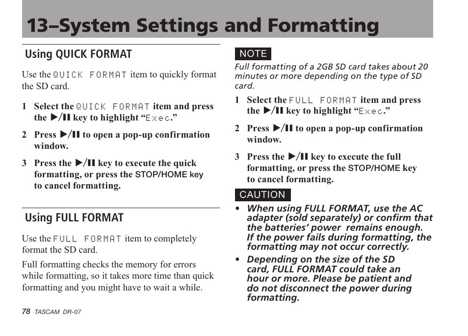 Using quick format, Using full format, 13–system settings and formatting | Tascam DR-07 User Manual | Page 78 / 96