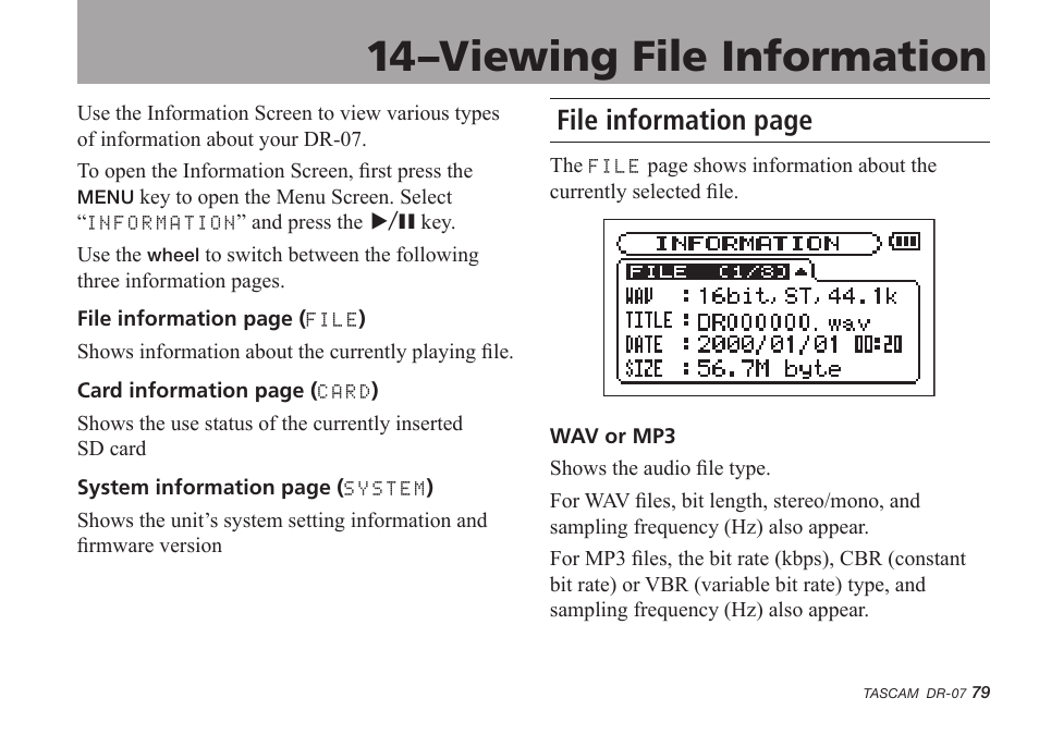 14–viewing file information, 14–viewing file information 79, File information page | Tascam DR-07 User Manual | Page 79 / 96