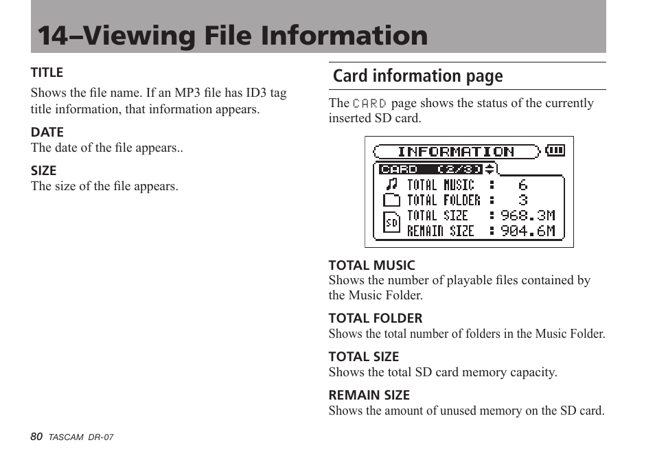 14–viewing file information, Card information page | Tascam DR-07 User Manual | Page 80 / 96