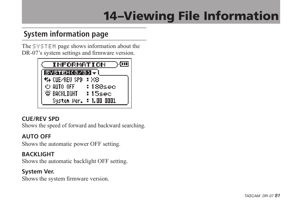 14–viewing file information, System information page | Tascam DR-07 User Manual | Page 81 / 96