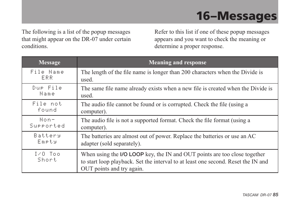 16–messages, 16–messages 85 | Tascam DR-07 User Manual | Page 85 / 96