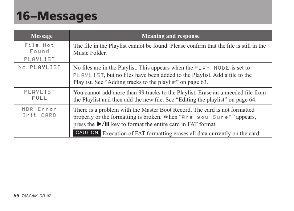 16–messages | Tascam DR-07 User Manual | Page 86 / 96