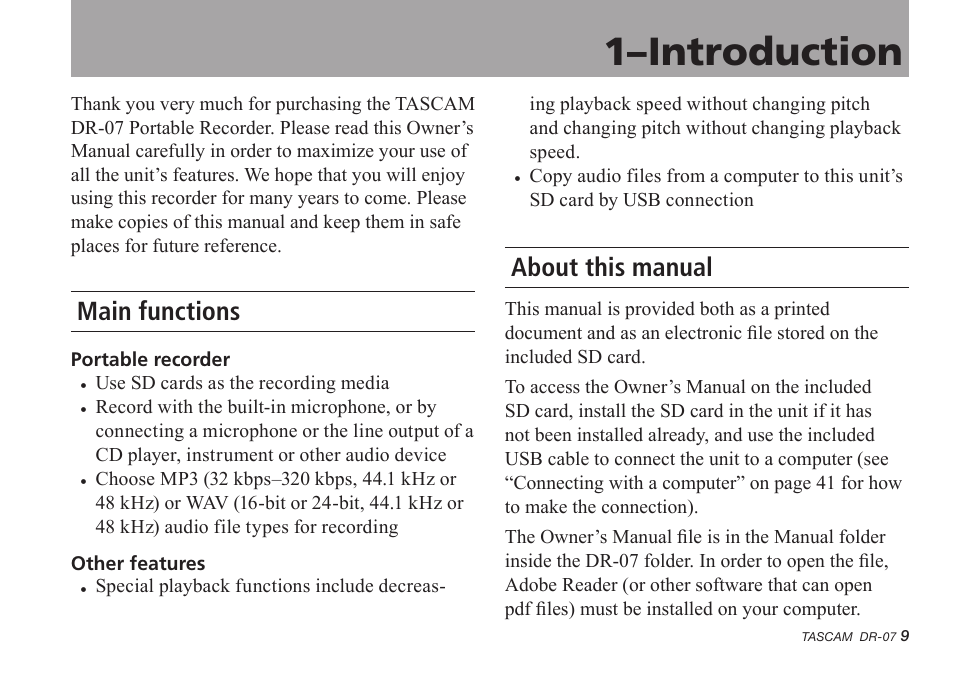 1–introduction, Main functions, About this manual | 1–introduction 9 | Tascam DR-07 User Manual | Page 9 / 96