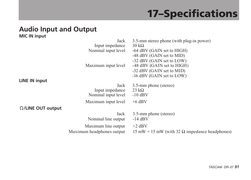 17–specifications, 17–specifications 91, Audio input and output | Tascam DR-07 User Manual | Page 91 / 96