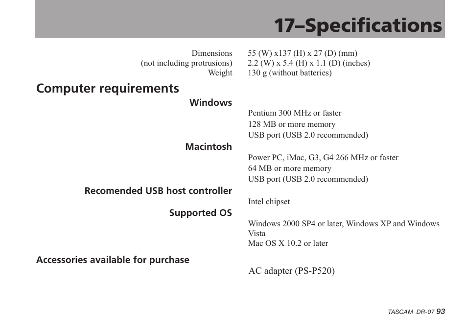 17–specifications, Computer requirements | Tascam DR-07 User Manual | Page 93 / 96