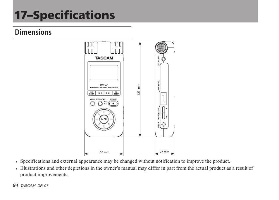 Dimensions, 17–specifications | Tascam DR-07 User Manual | Page 94 / 96