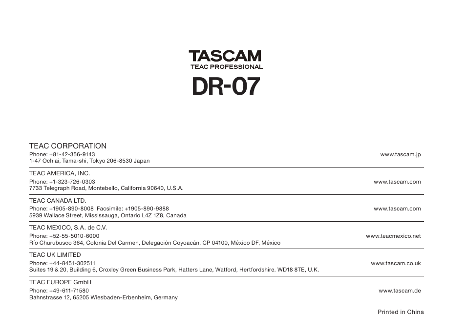 Dr-07 | Tascam DR-07 User Manual | Page 96 / 96