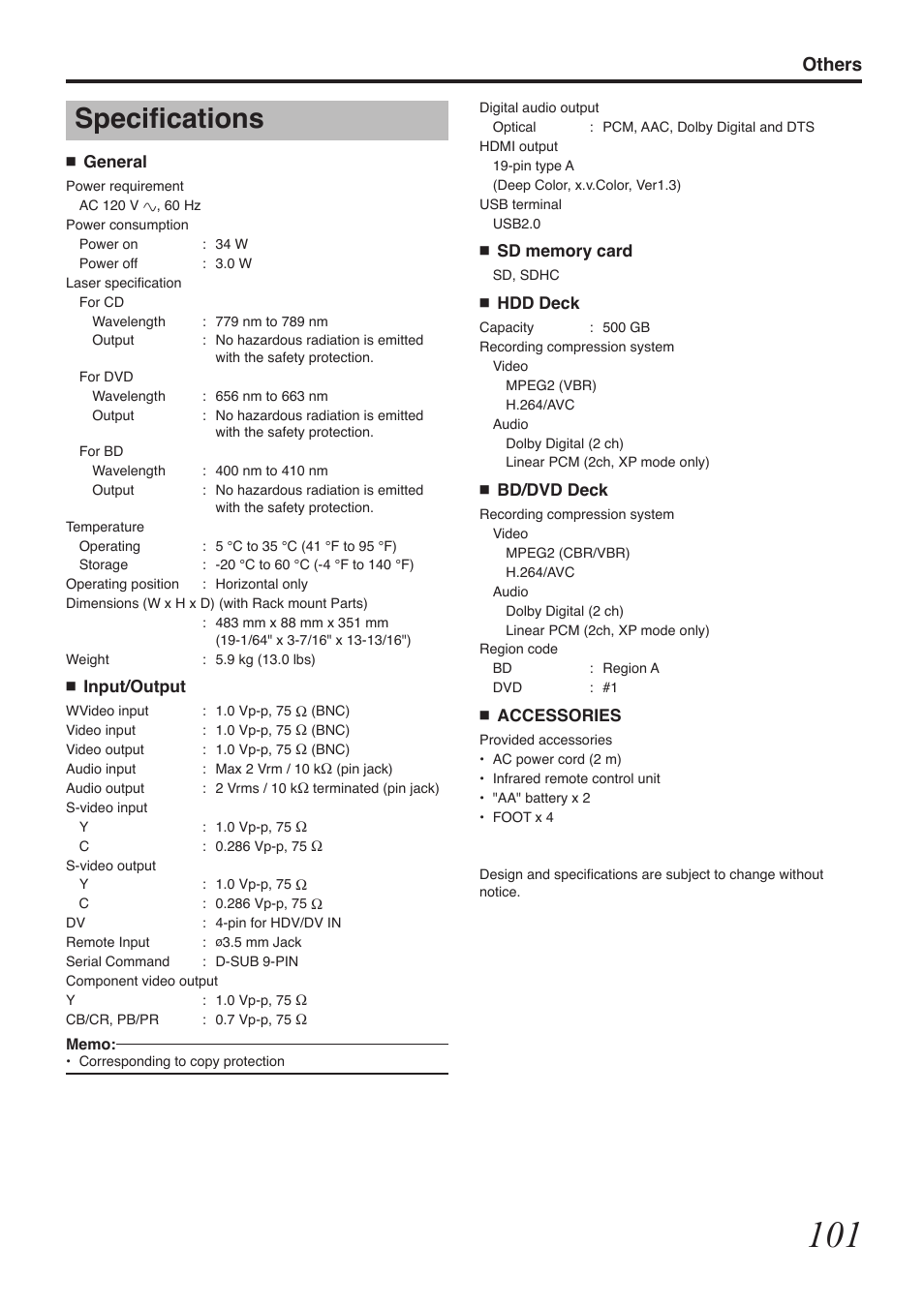 Specifications, Others | Tascam BD-R2000 User Manual | Page 101 / 112