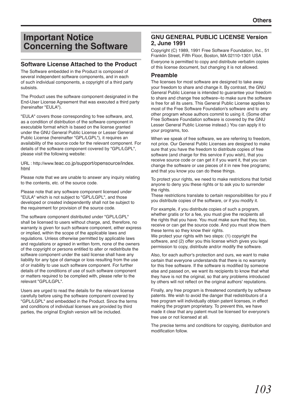 Important notice concerning the software, Others, Software license attached to the product | Preamble | Tascam BD-R2000 User Manual | Page 103 / 112