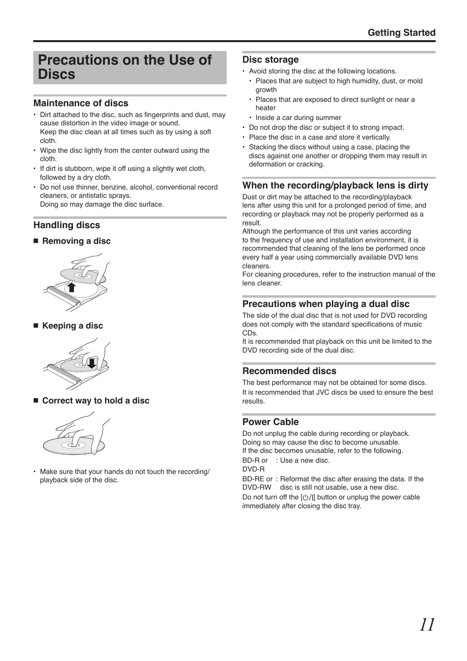 Precautions on the use of discs, Getting started, Maintenance of discs | Handling discs, Disc storage, When the recording/playback lens is dirty, Precautions when playing a dual disc, Recommended discs, Power cable | Tascam BD-R2000 User Manual | Page 11 / 112