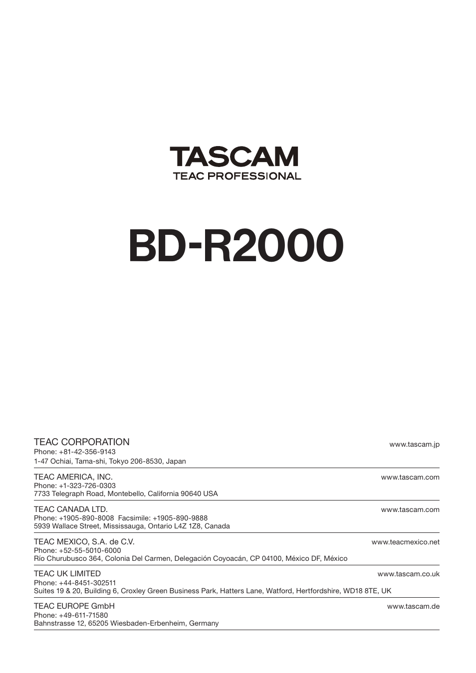 Bd-r2000 | Tascam BD-R2000 User Manual | Page 112 / 112