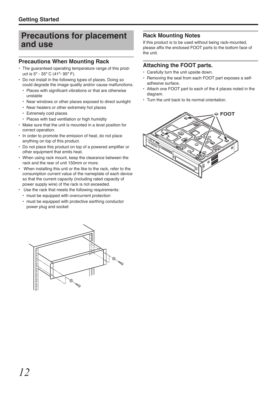 Precautions for placement and use | Tascam BD-R2000 User Manual | Page 12 / 112