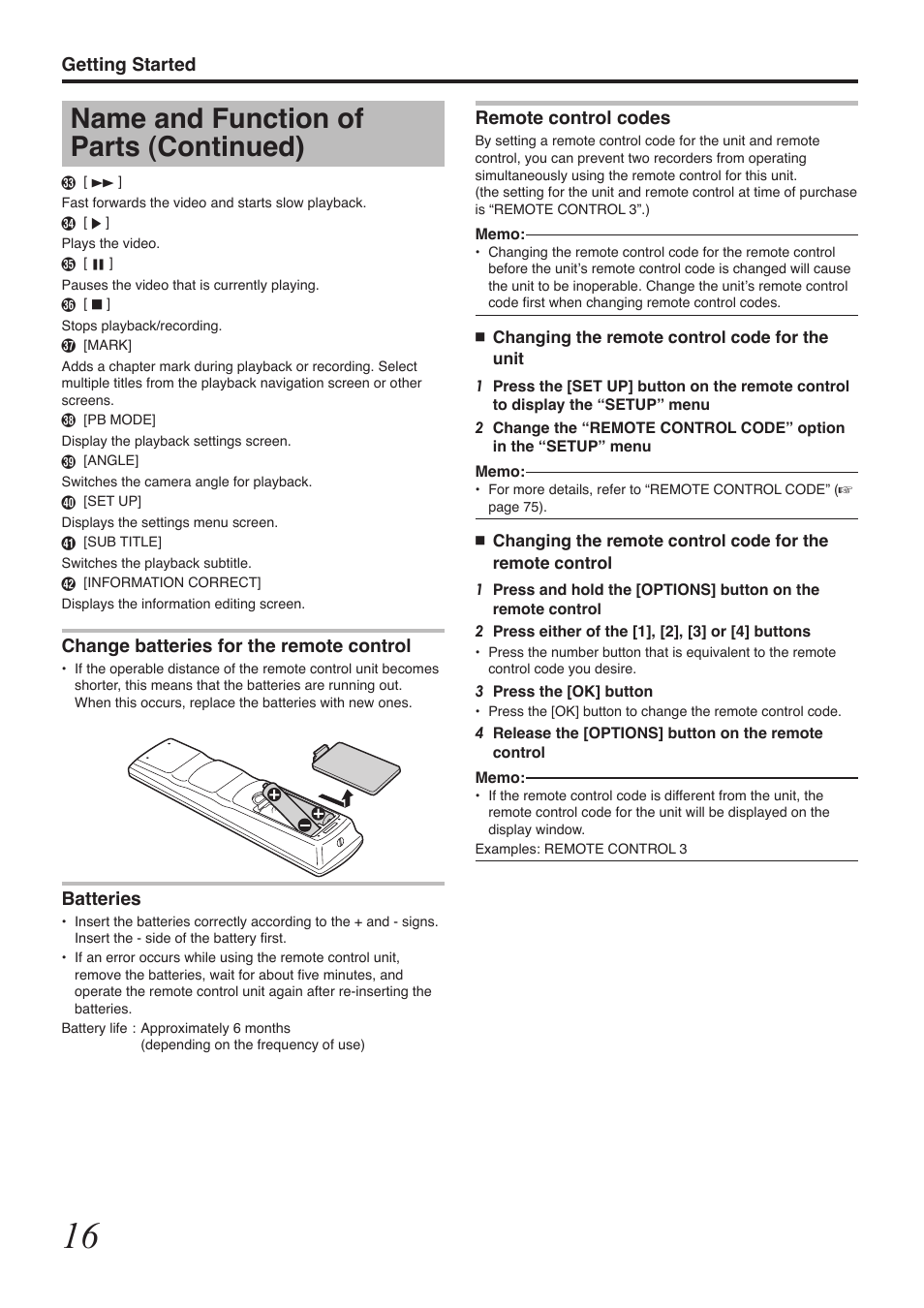 Name and function of parts (continued), Getting started, Change batteries for the remote control | Batteries, Remote control codes | Tascam BD-R2000 User Manual | Page 16 / 112