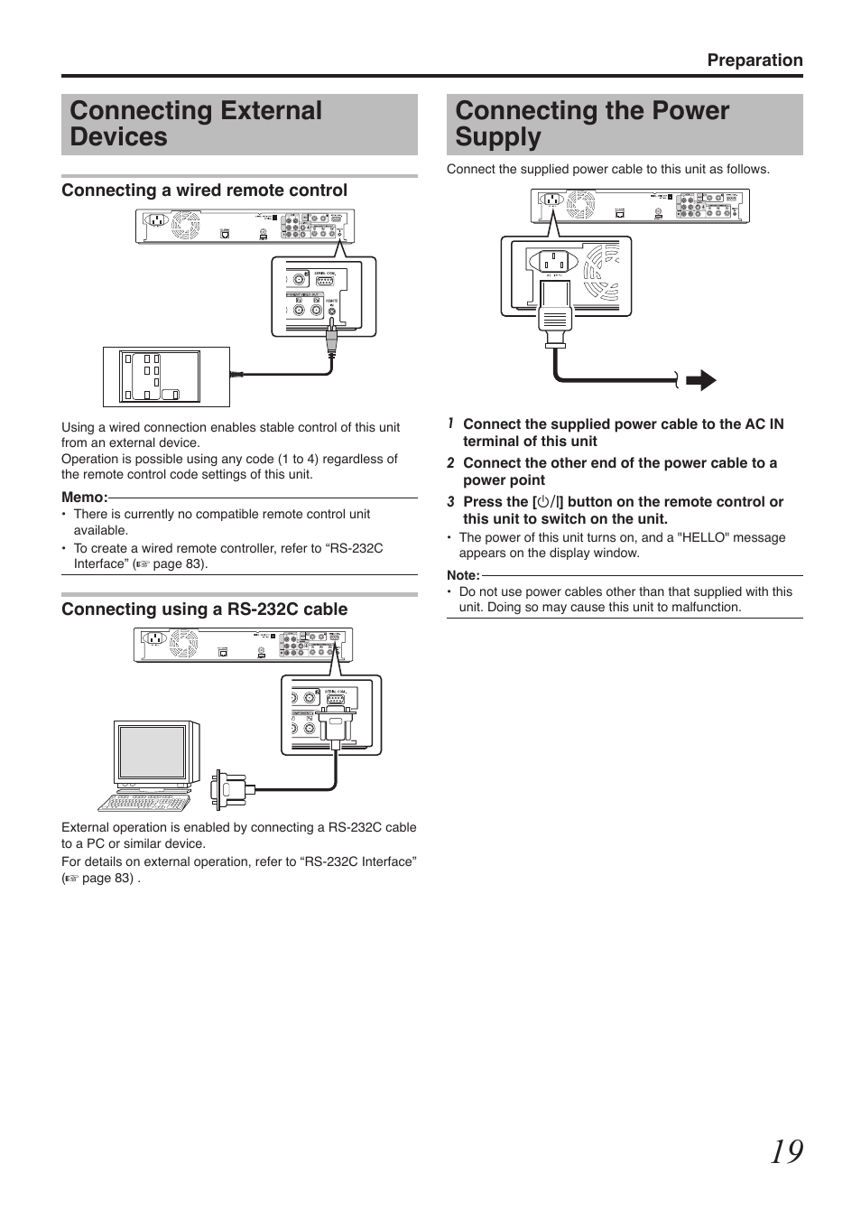 Connecting external devices, Connecting the power supply | Tascam BD-R2000 User Manual | Page 19 / 112