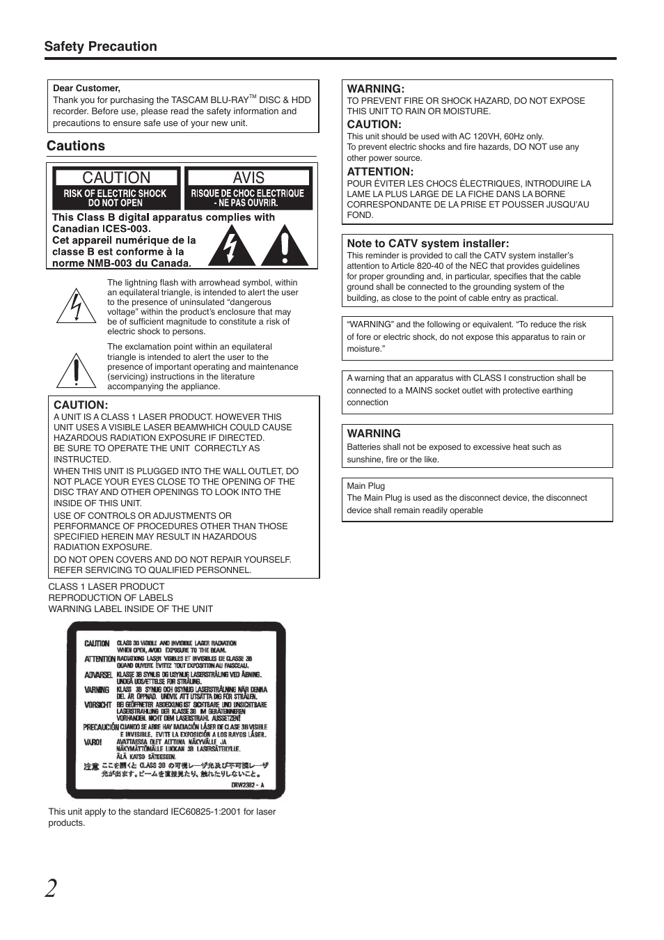 Caution avis, Safety precaution | Tascam BD-R2000 User Manual | Page 2 / 112