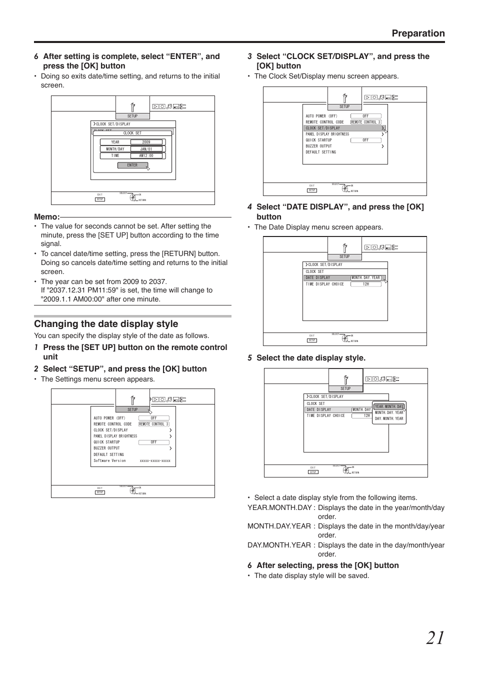 Preparation, Changing the date display style, 4select “date display”, and press the [ok] button | 5select the date display style, 6after selecting, press the [ok] button, The settings menu screen appears, The clock set/display menu screen appears, The date display menu screen appears, The date display style will be saved | Tascam BD-R2000 User Manual | Page 21 / 112