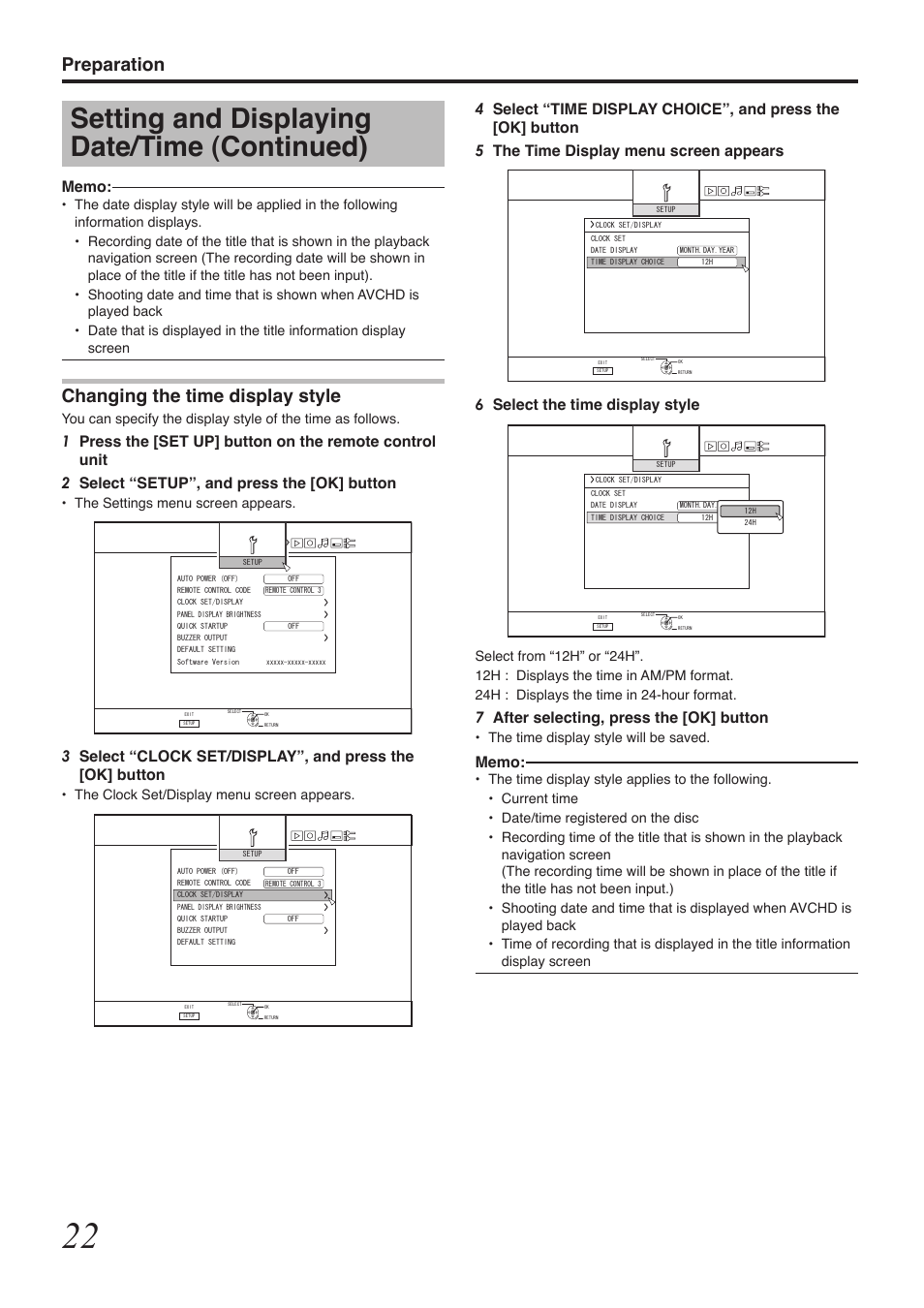 Setting and displaying date/time (continued), Preparation, Changing the time display style | 7after selecting, press the [ok] button | Tascam BD-R2000 User Manual | Page 22 / 112