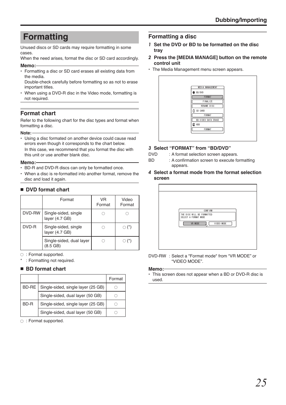 Formatting, Dubbing/importing, Format chart | Formatting a disc | Tascam BD-R2000 User Manual | Page 25 / 112