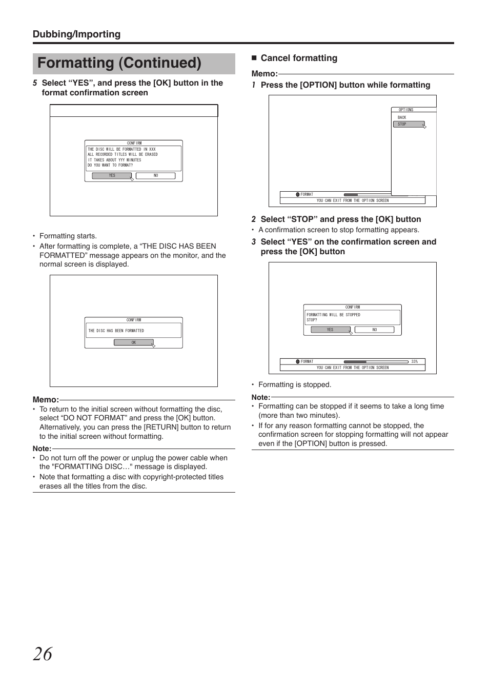 Formatting (continued), Dubbing/importing, Cancel formatting | Tascam BD-R2000 User Manual | Page 26 / 112