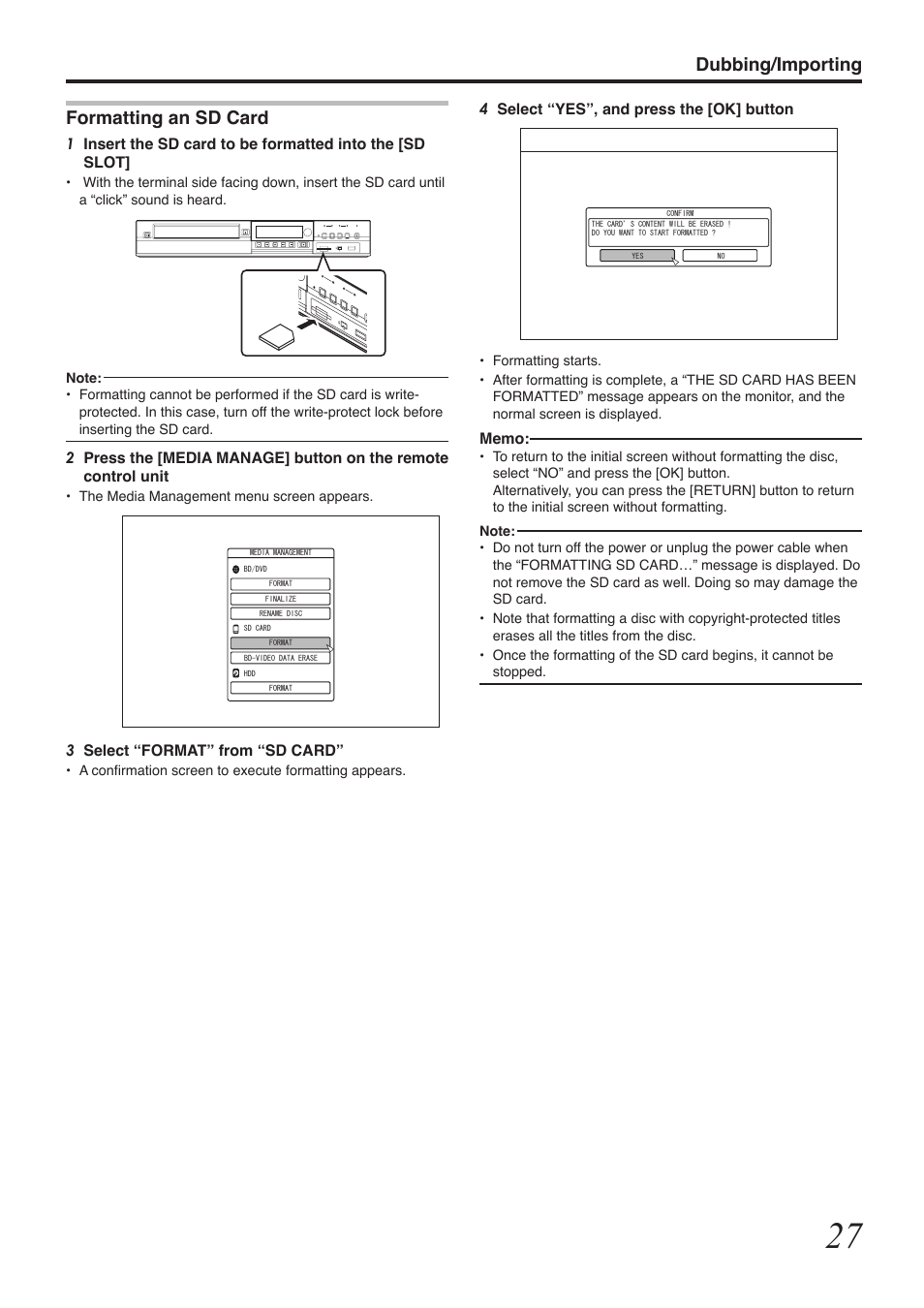 Dubbing/importing, Formatting an sd card | Tascam BD-R2000 User Manual | Page 27 / 112