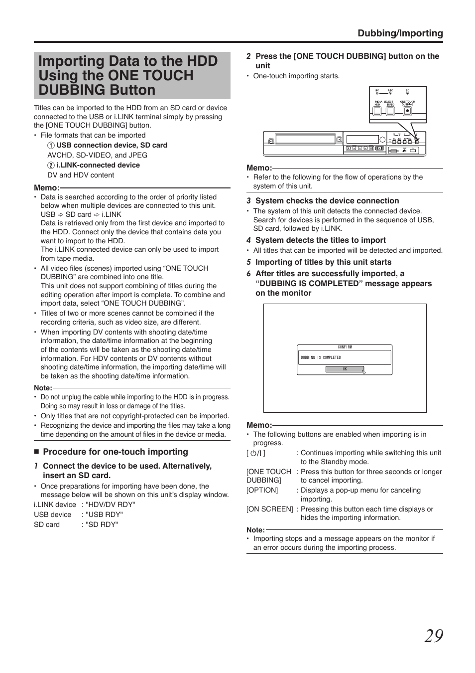 Dubbing/importing | Tascam BD-R2000 User Manual | Page 29 / 112