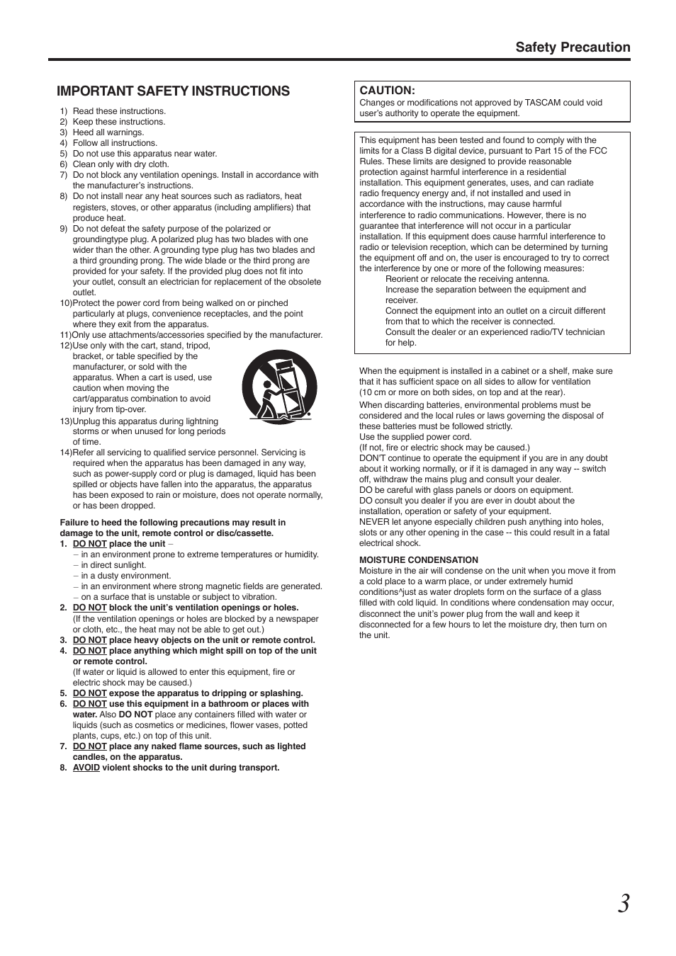 Safety precaution important safety instructions, Caution | Tascam BD-R2000 User Manual | Page 3 / 112