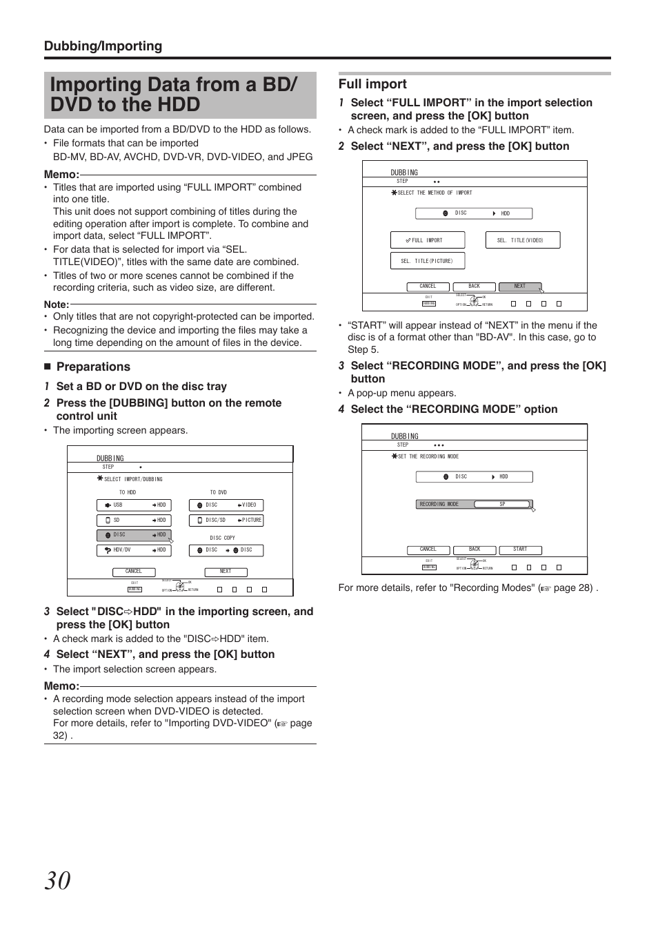 Importing data from a bd/ dvd to the hdd, Dubbing/importing, Full import | Preparations, 4select “next”, and press the [ok] button, 2select “next”, and press the [ok] button, 4select the “recording mode” option | Tascam BD-R2000 User Manual | Page 30 / 112