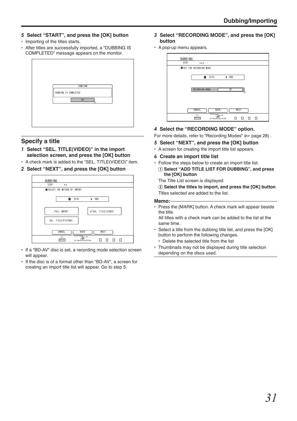 Dubbing/importing, Specify a title, 4select the “recording mode” option | 5select “next”, and press the [ok] button, 6create an import title list, 5select “start”, and press the [ok] button, 2select “next”, and press the [ok] button | Tascam BD-R2000 User Manual | Page 31 / 112