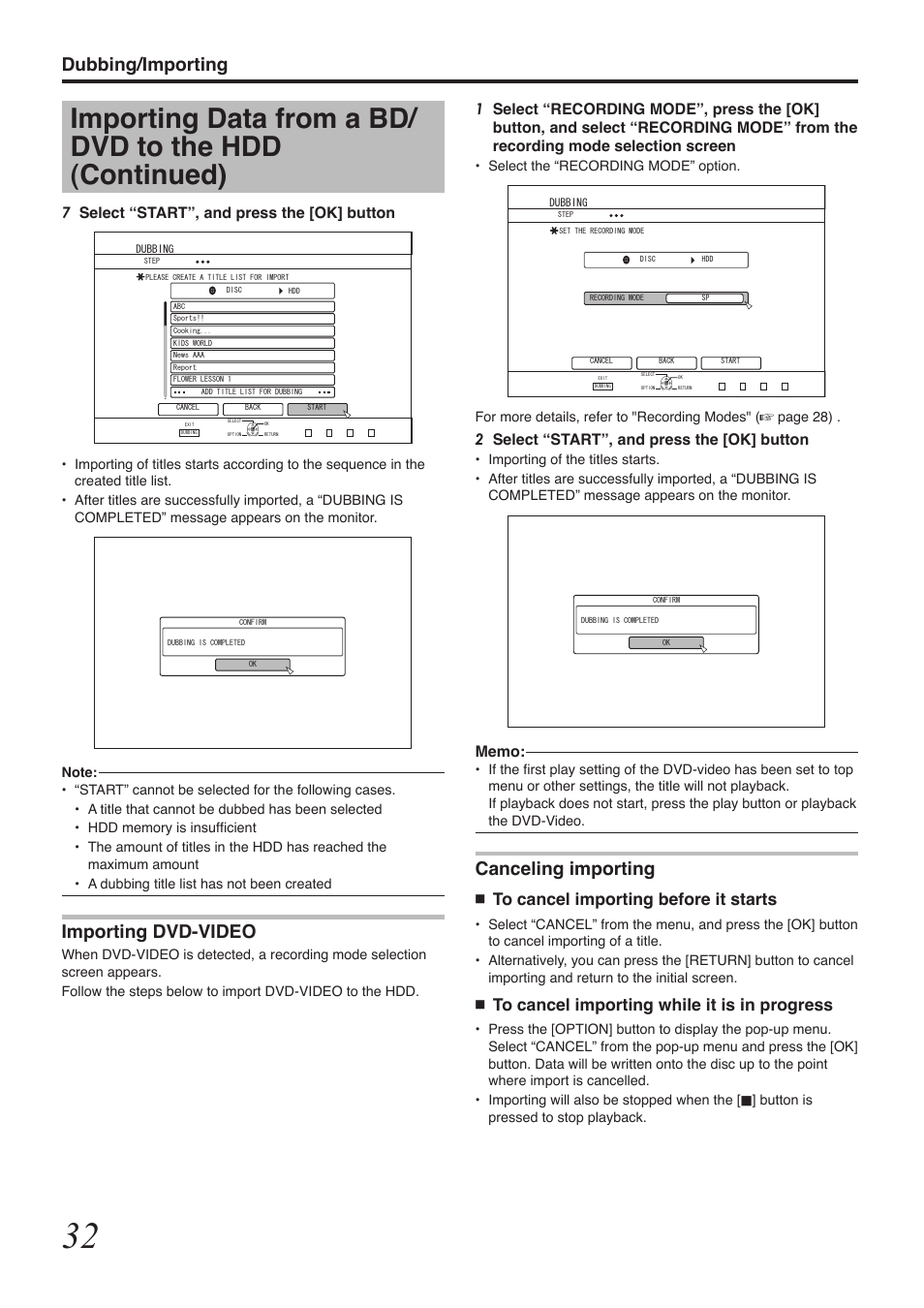 Dubbing/importing, Canceling importing, Importing dvd-video | 2select “start”, and press the [ok] button, 7select “start”, and press the [ok] button | Tascam BD-R2000 User Manual | Page 32 / 112