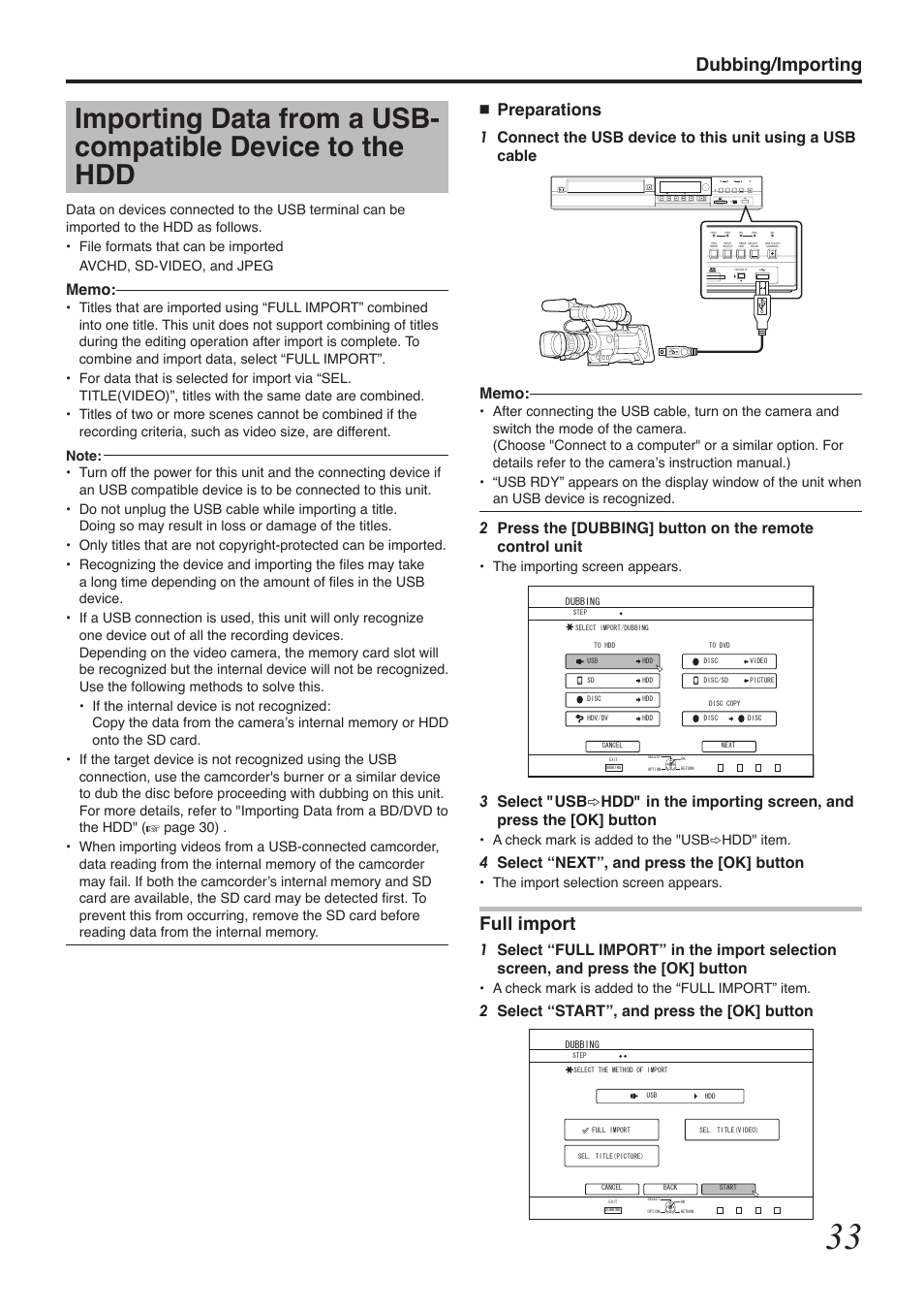 Dubbing/importing, Full import, Preparations | 4select “next”, and press the [ok] button, 2select “start”, and press the [ok] button | Tascam BD-R2000 User Manual | Page 33 / 112