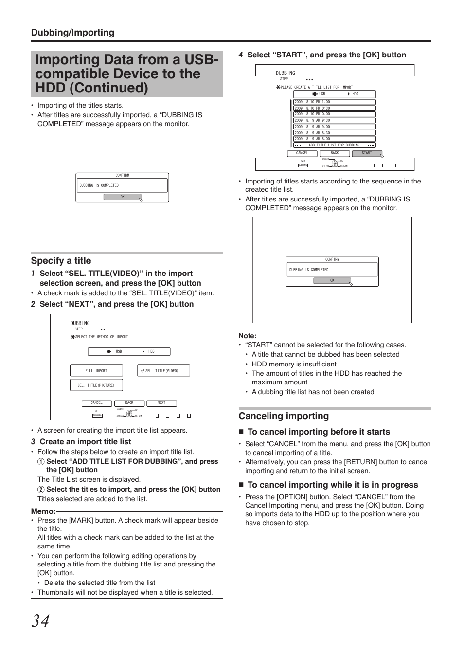 Dubbing/importing, Canceling importing, Specify a title | 4select “start”, and press the [ok] button, 2select “next”, and press the [ok] button, 3create an import title list | Tascam BD-R2000 User Manual | Page 34 / 112