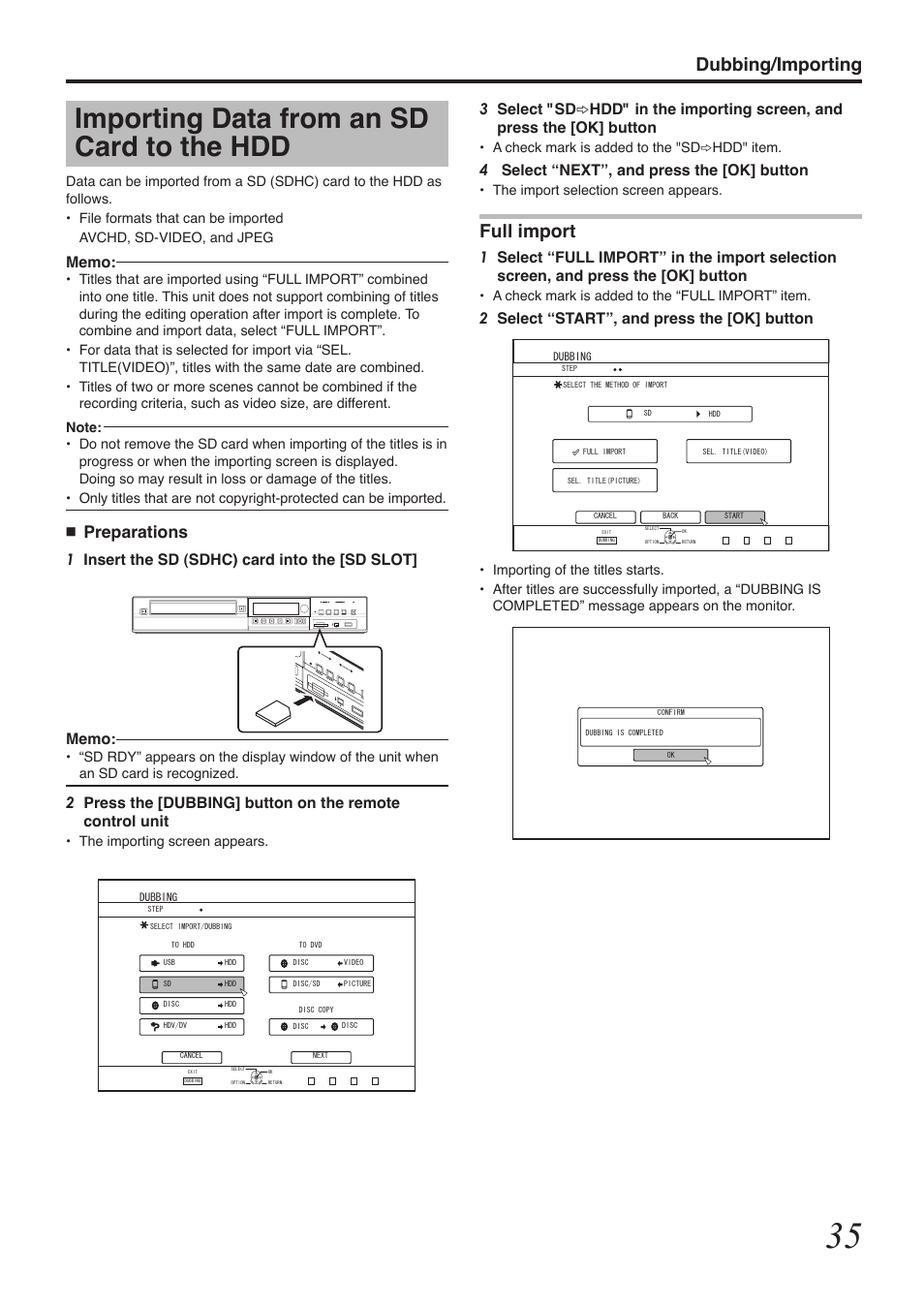 Importing data from an sd card to the hdd, Dubbing/importing, Full import | Preparations, 4select “next”, and press the [ok] button, 2select “start”, and press the [ok] button | Tascam BD-R2000 User Manual | Page 35 / 112