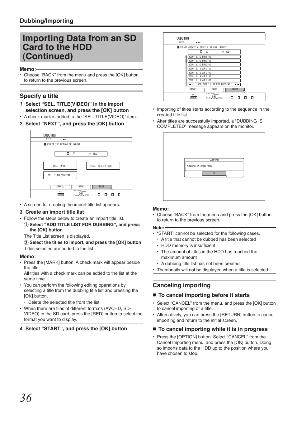 Dubbing/importing, Canceling importing, Specify a title | 2select “next”, and press the [ok] button, 3create an import title list, 4select “start”, and press the [ok] button | Tascam BD-R2000 User Manual | Page 36 / 112