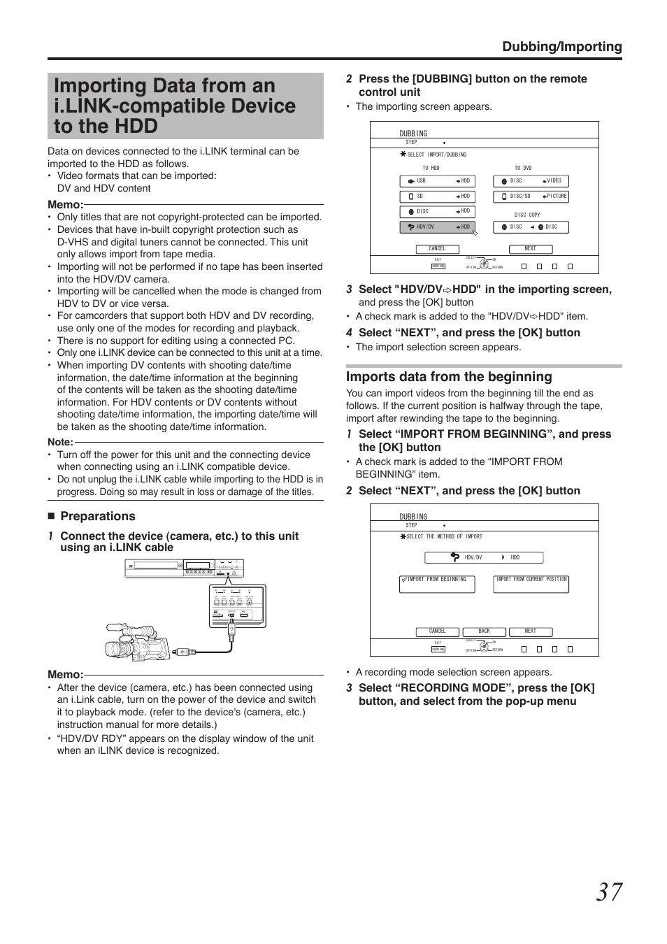 Dubbing/importing, Imports data from the beginning, Preparations | 3select "hdv/dv h hdd" in the importing screen, 4select “next”, and press the [ok] button, 2select “next”, and press the [ok] button | Tascam BD-R2000 User Manual | Page 37 / 112