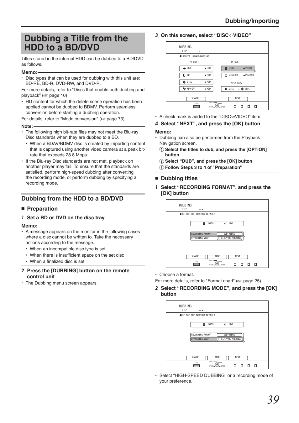 Dubbing a title from the hdd to a bd/dvd, Dubbing/importing, Dubbing from the hdd to a bd/dvd | Dubbing titles, Preparation, 3on this screen, select “disc i video | Tascam BD-R2000 User Manual | Page 39 / 112