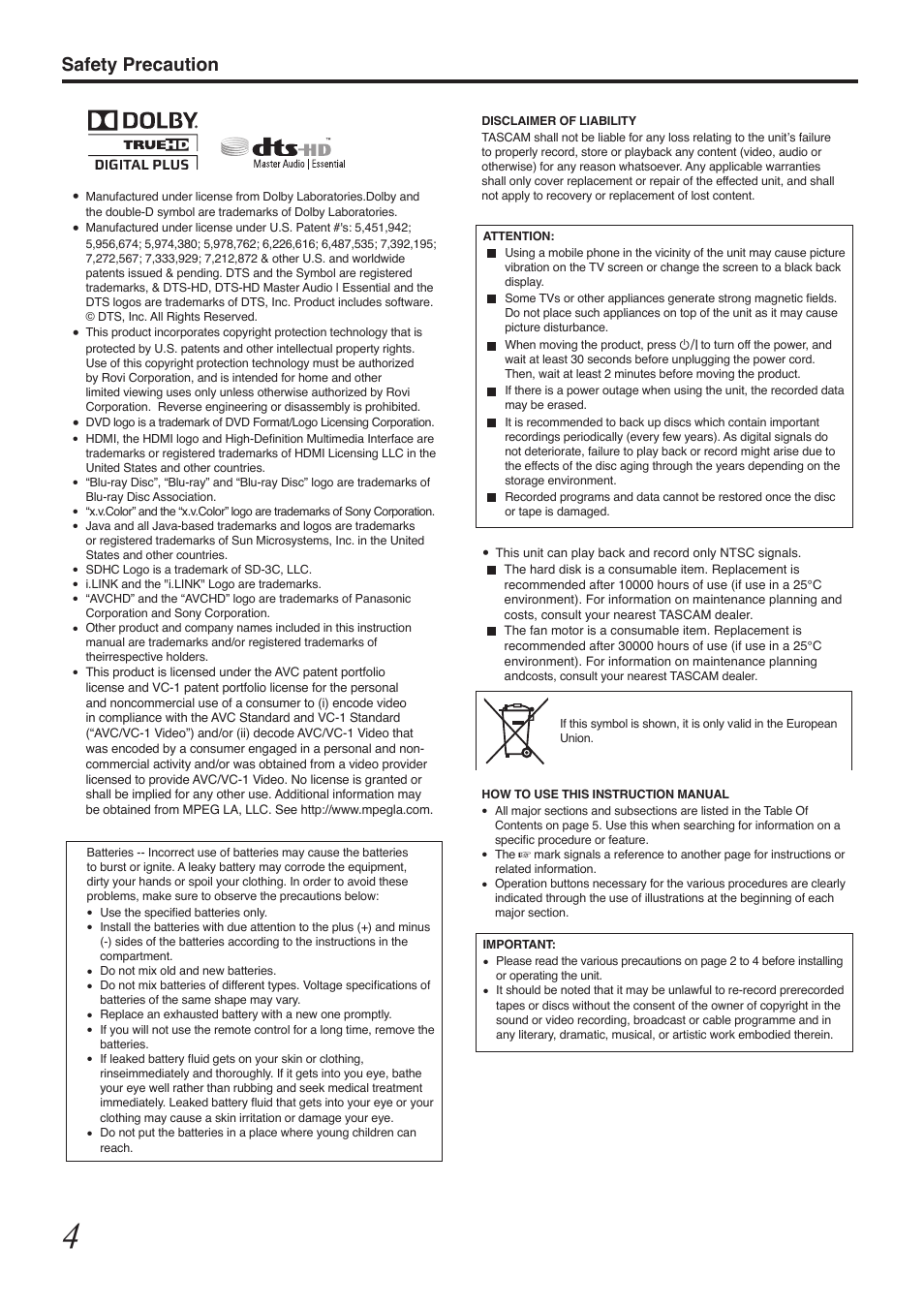 Safety precaution | Tascam BD-R2000 User Manual | Page 4 / 112