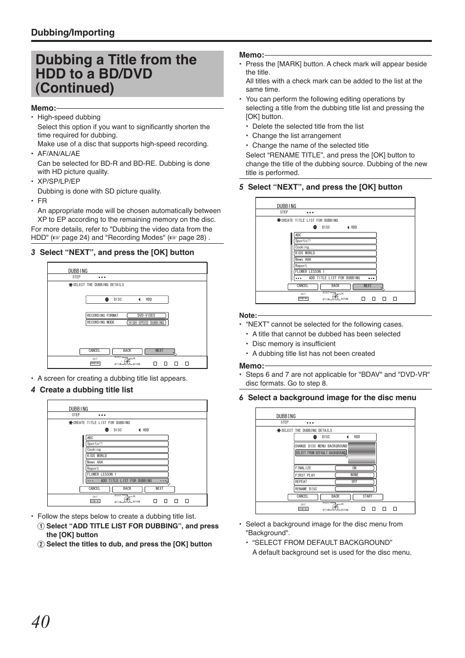 Dubbing/importing, 5select “next”, and press the [ok] button, 6select a background image for the disc menu | 3select “next”, and press the [ok] button, 4create a dubbing title list | Tascam BD-R2000 User Manual | Page 40 / 112